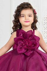 Wine Organza Frock With Floral Embellished For Girls