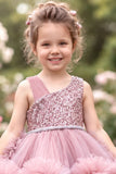 Girls Onion Pink Sequin Layered Ruffle Tailback Party Wear Frock
