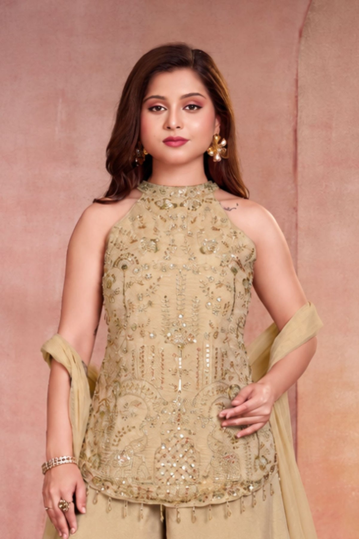Girls Peach With Gold Elephant Motif Embellished Palazzo Set With Dupatta