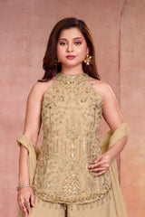 Girls Peach With Gold Elephant Motif Embellished Palazzo Set With Dupatta