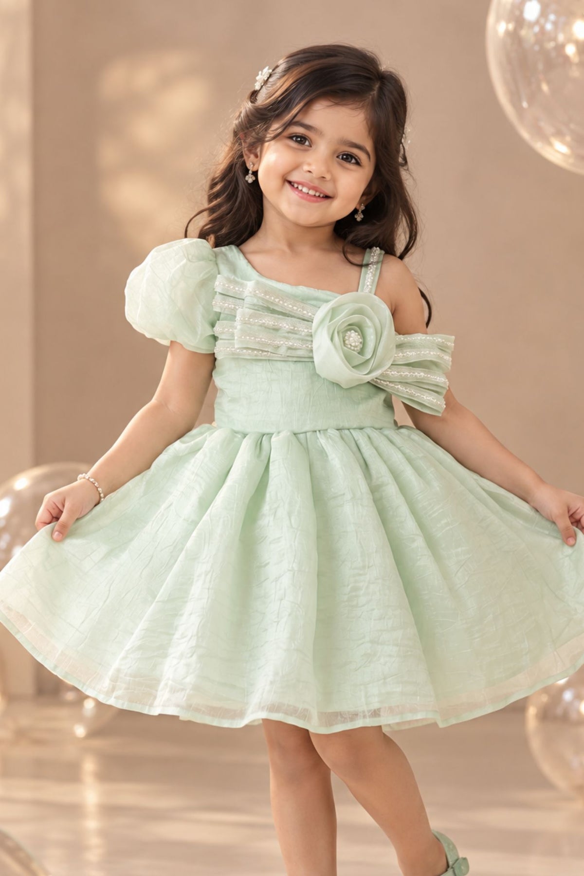 Pista Green One-Shoulder Party Frock with 3D Floral Bow For Girls