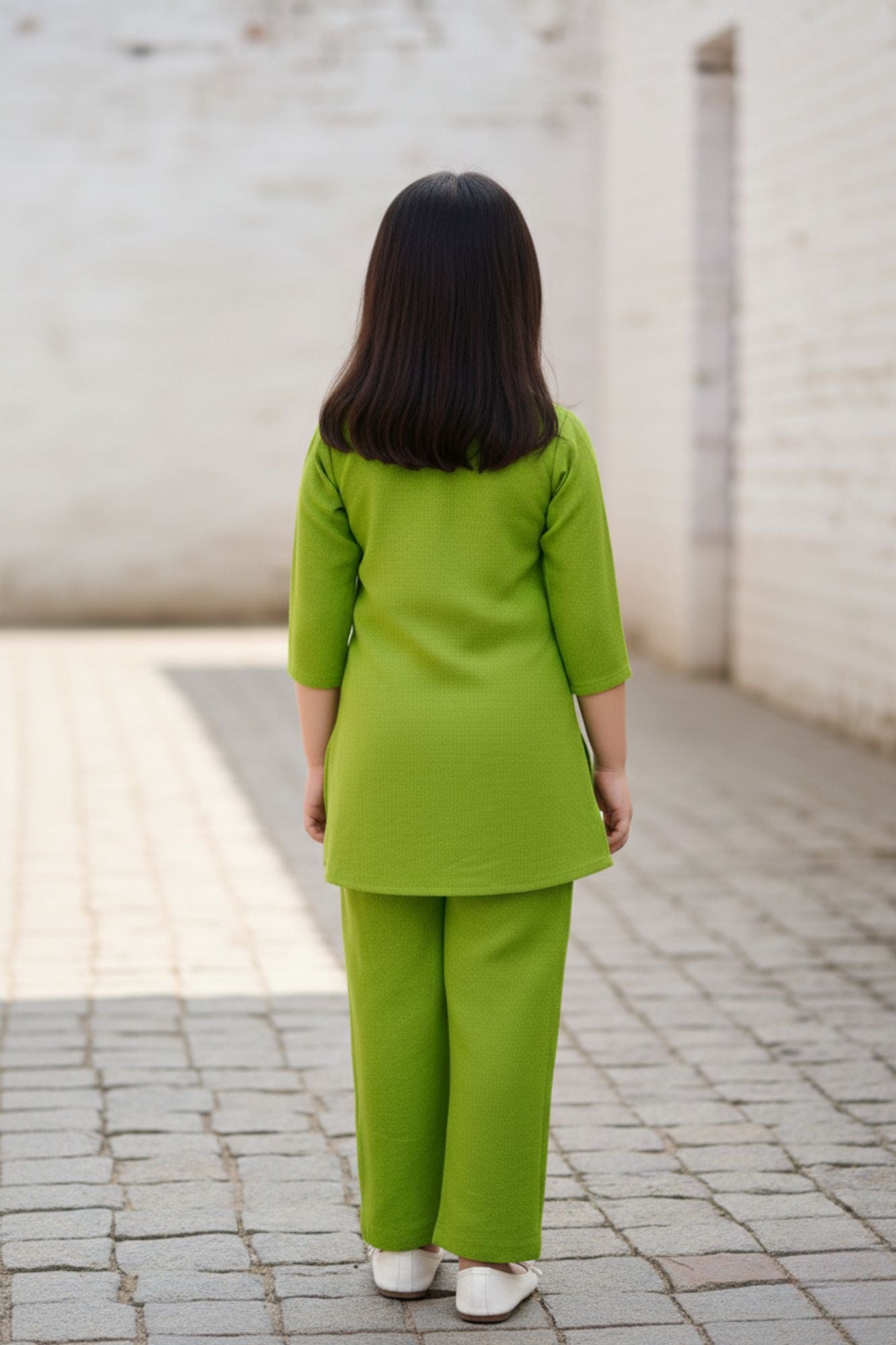 Green Casual Top With Matching Straight Pant Set For Girls