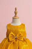 Gold Party Frock with Pleated Bodice and Bow Belt For Girls