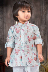 White Full Sleeves And Floral Printed Kurta With Dhoti Set For Boys