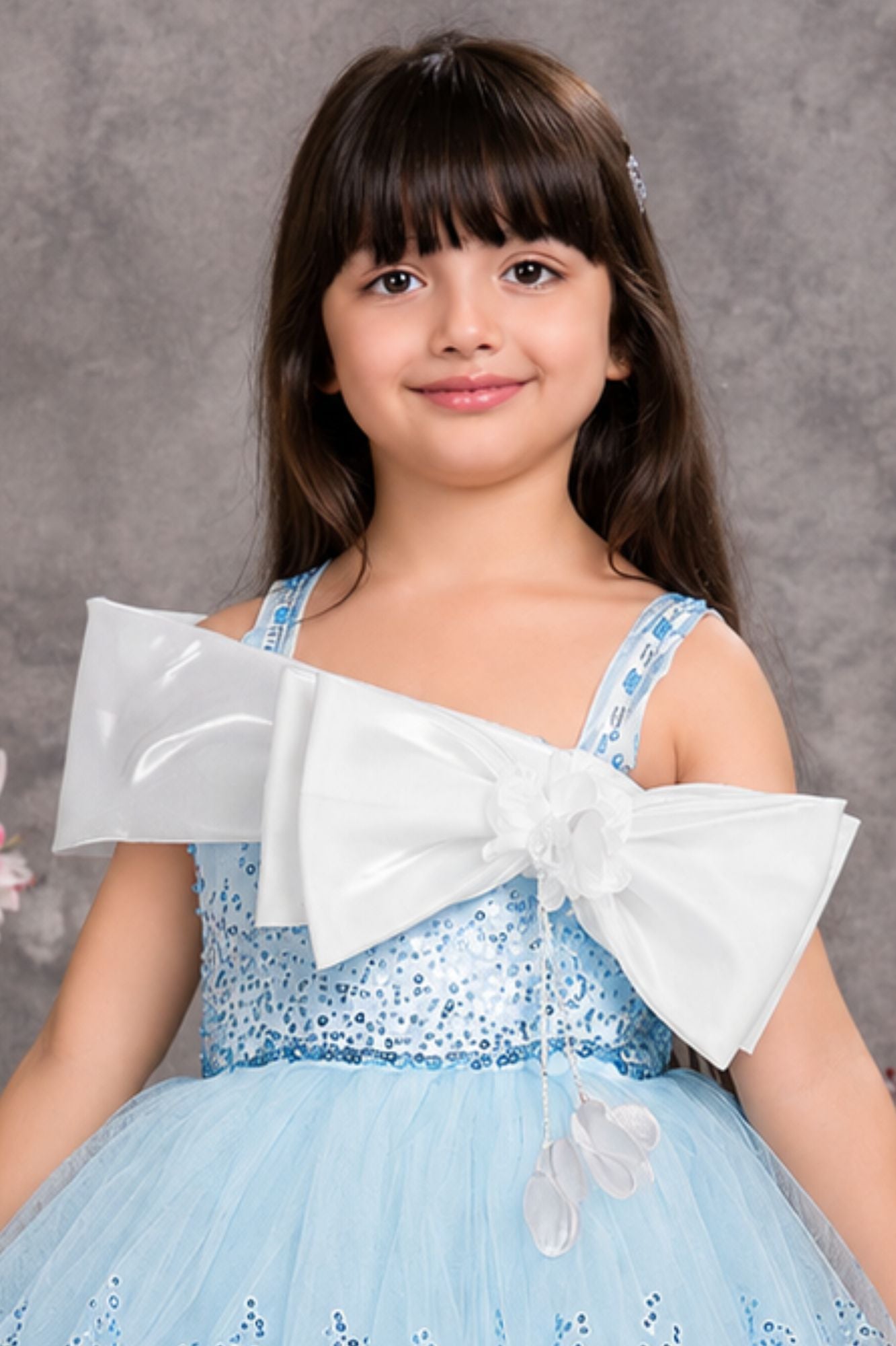 Girls Sky Blue Sequin Bow Party Wear Frock