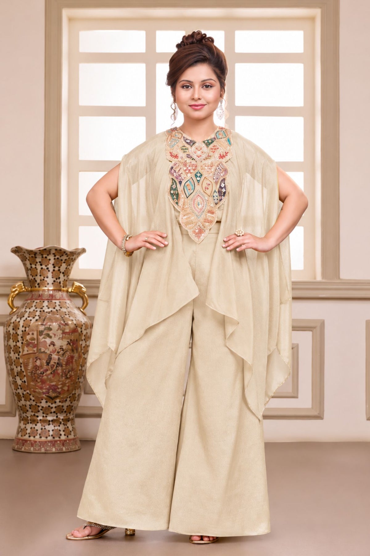 Ivory Multicolour Embroidered Cape Style Top With Wide-Leg Palazzo Set