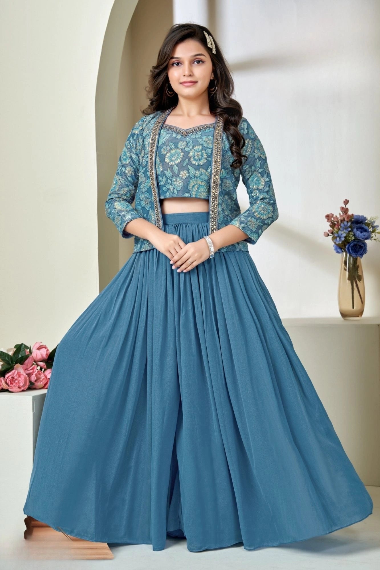 Teal Blue Embroidered Palazzo set with Jacket Set for Girls