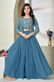 Teal Blue Embroidered Palazzo set with Jacket Set for Girls