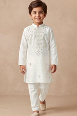 Boys Elegant White Peacock Embroidered Kurta Set