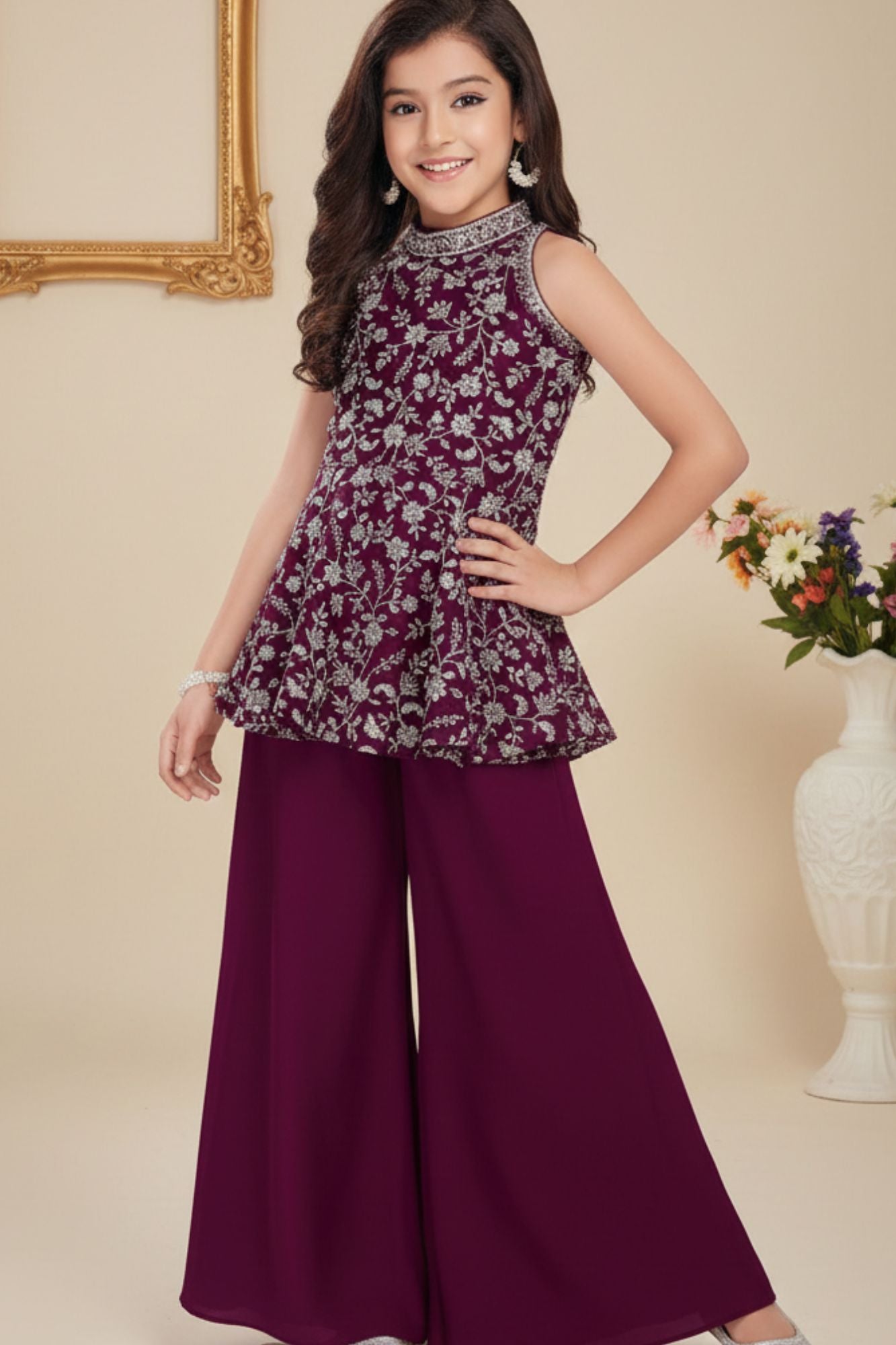 Wine Zari Embroidered Palazzo Set With Dupatta For Girls