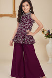 Wine Zari Embroidered Palazzo Set With Dupatta For Girls