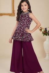 Wine Zari Embroidered Palazzo Set With Dupatta For Girls