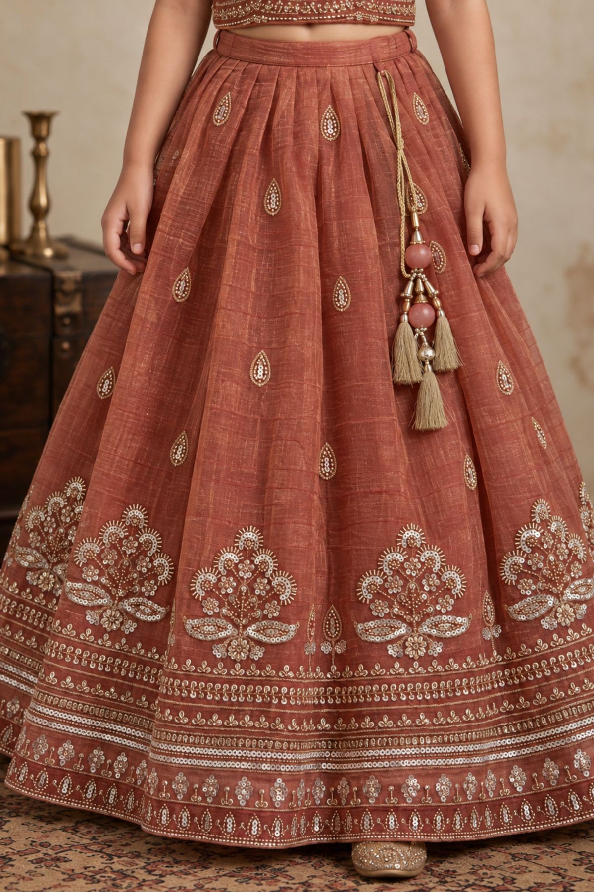Girls Rust Orange Sleeveless Embroidered Lehenga Choli Set