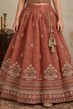 Girls Rust Orange Sleeveless Embroidered Lehenga Choli Set