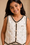 White And Black Printed Sleeveless Skirt Set for Girls