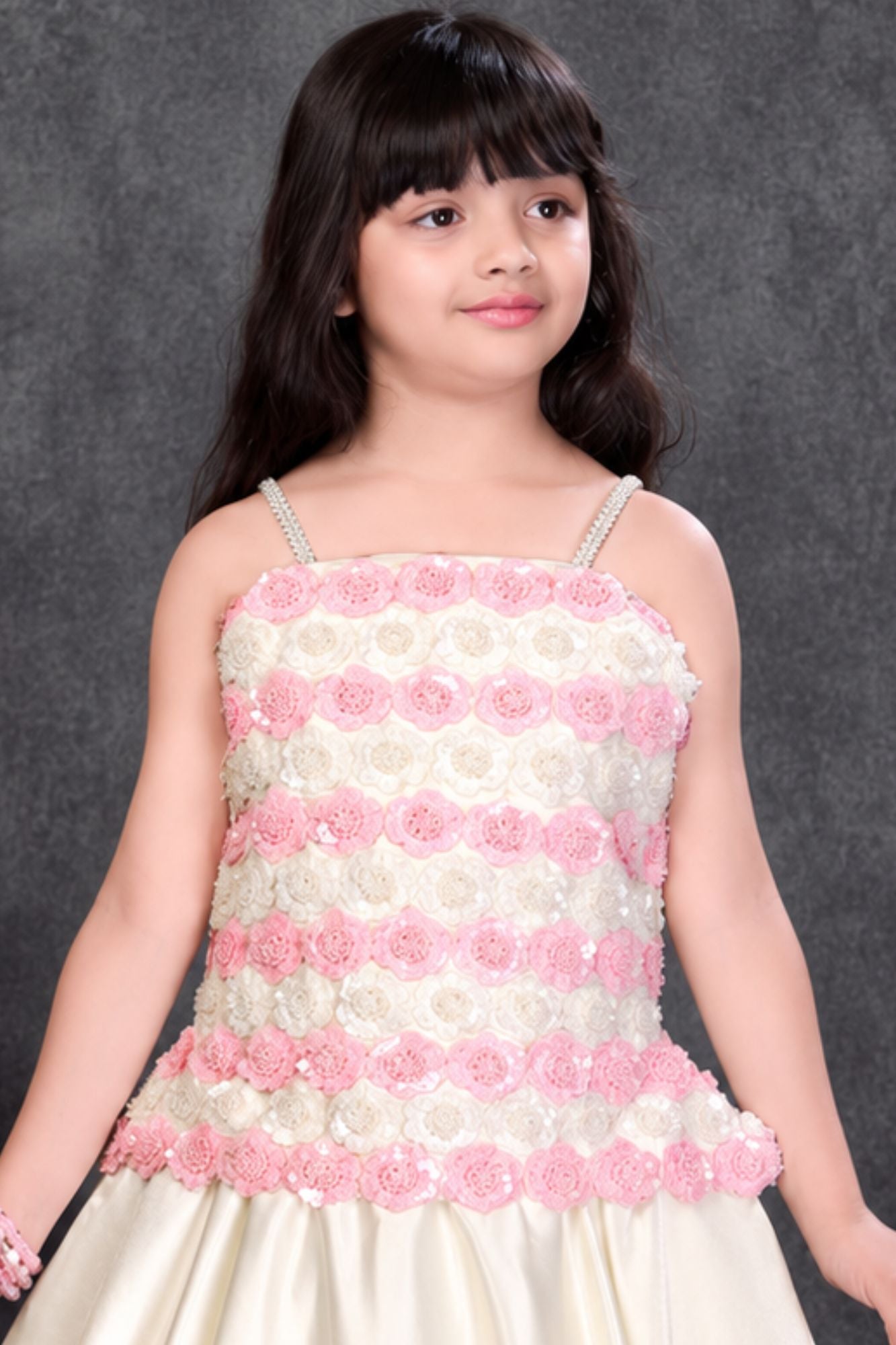 Off White And Pink Floral Applique Party Wear Gown for Girls
