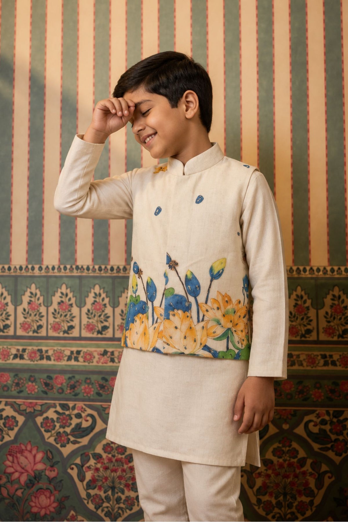 Ivory Kurta Pyjama Set with Floral Printed Nehru Jacket For Boys