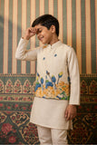 Ivory Kurta Pyjama Set with Floral Printed Nehru Jacket For Boys