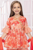 Orange Printed And Embroidered Top With Dhoti Bottom Set For Girls