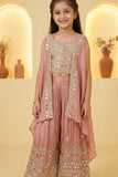 Onion Pink Mirror Embroidered Palazzo Set With Jacket For Girls