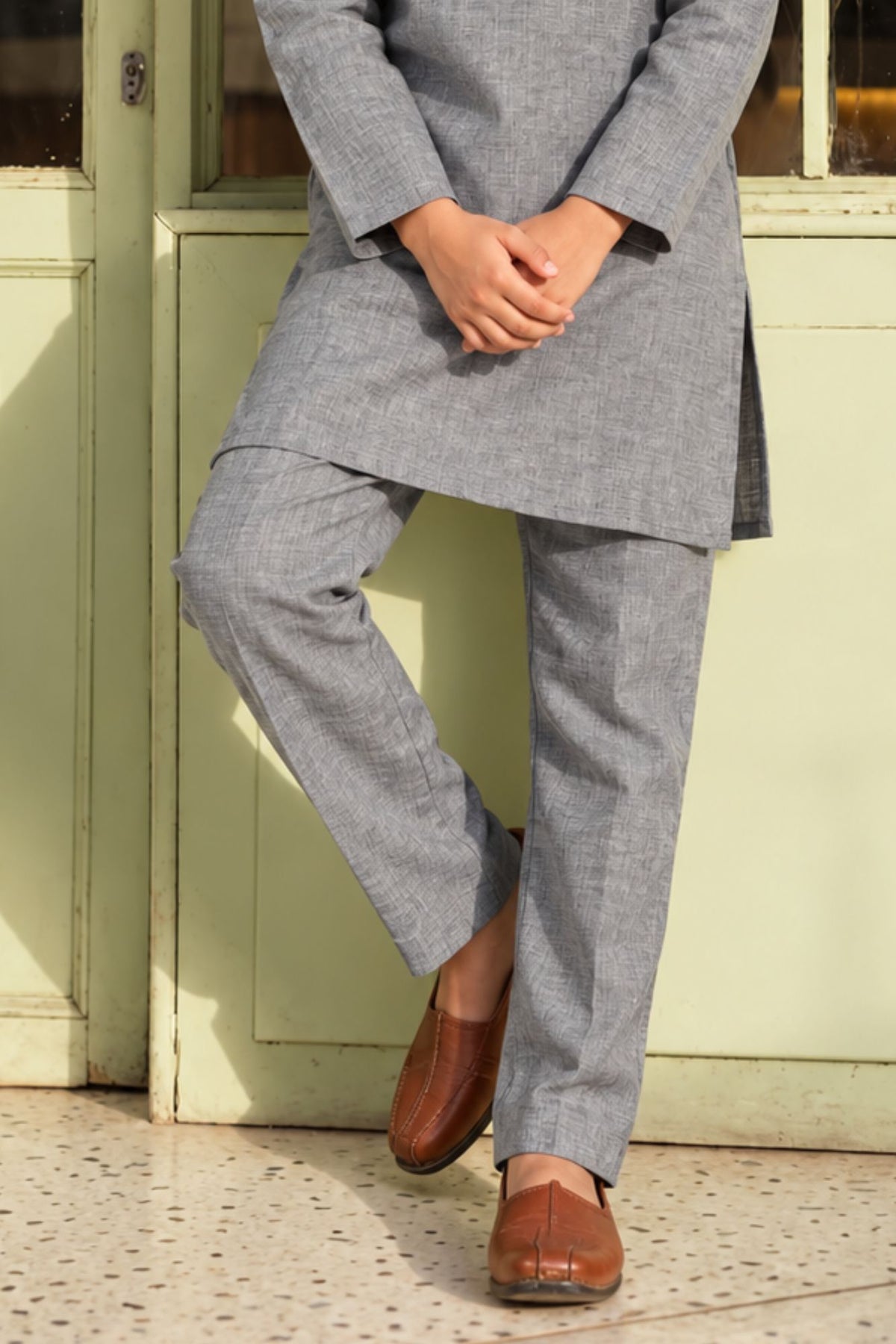 Grey Embroidered Linen Kurta Set For Boys