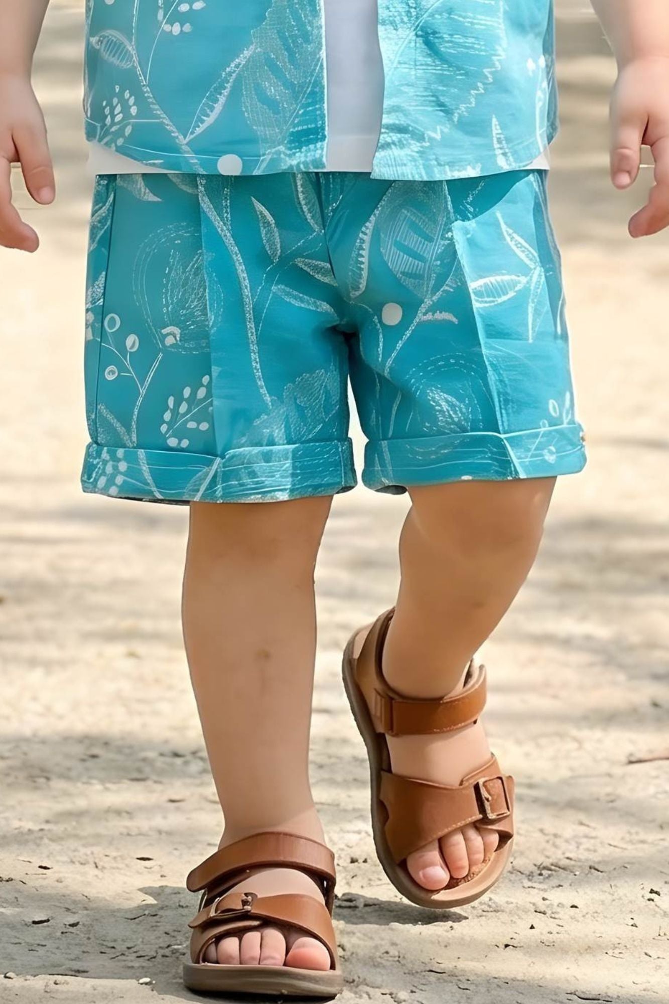 Boys Blue Shorts Set with Printed Shirt And Graphic T-Shirt