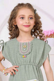 Green Pom-Pom Cotton Frock with Embroidered Yoke For Girls