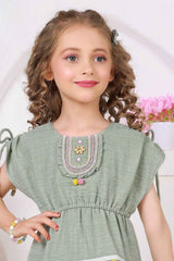 Green Pom-Pom Cotton Frock with Embroidered Yoke For Girls