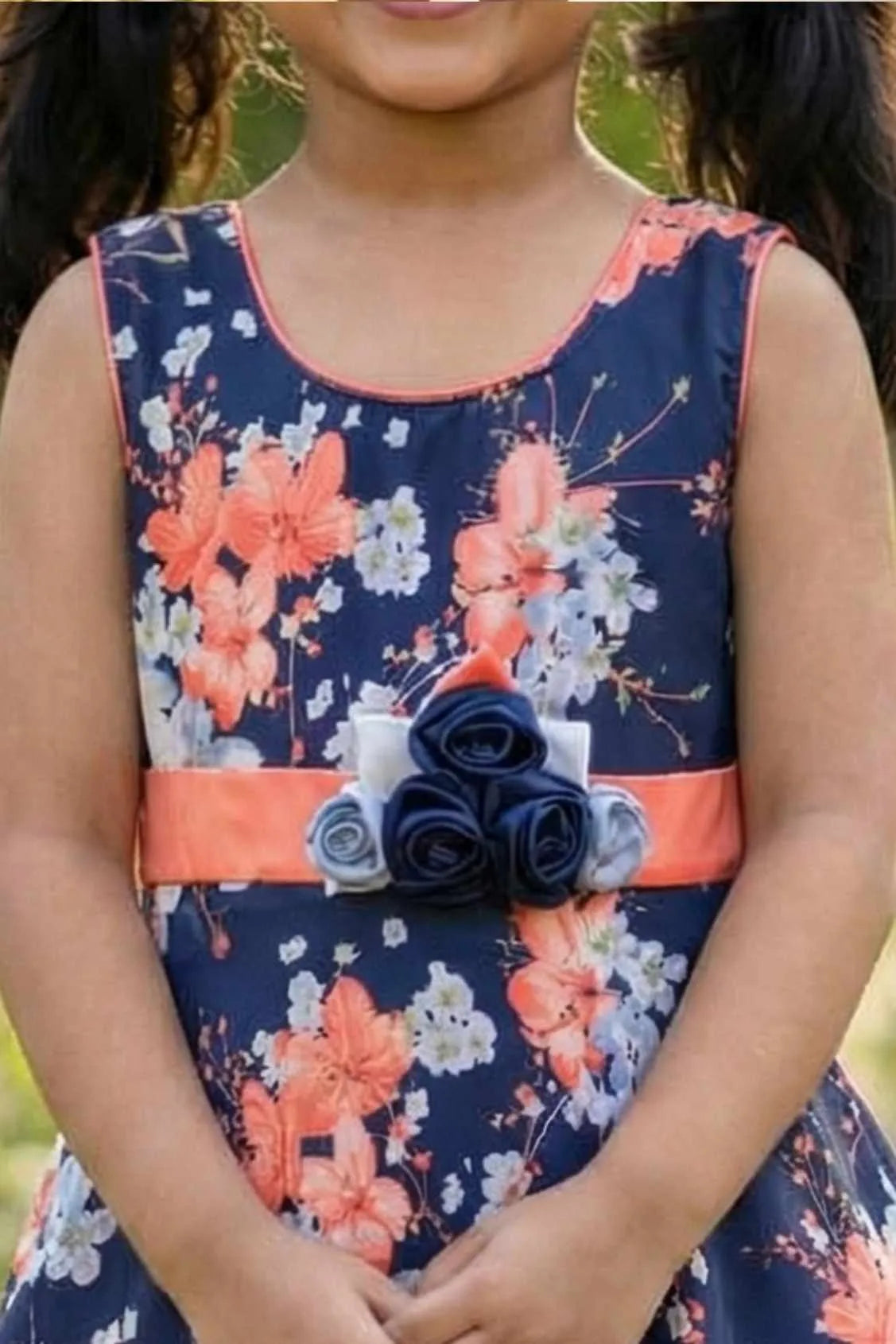 Navy Blue Floral Print Frock For Girls