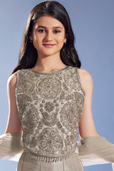 Girls Silver Embroidered Palazzo Set with Sheer Dupatta