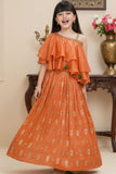 Orange One-Shoulder Ruffled Lehenga Set with Gold Foil Motifs For Girls