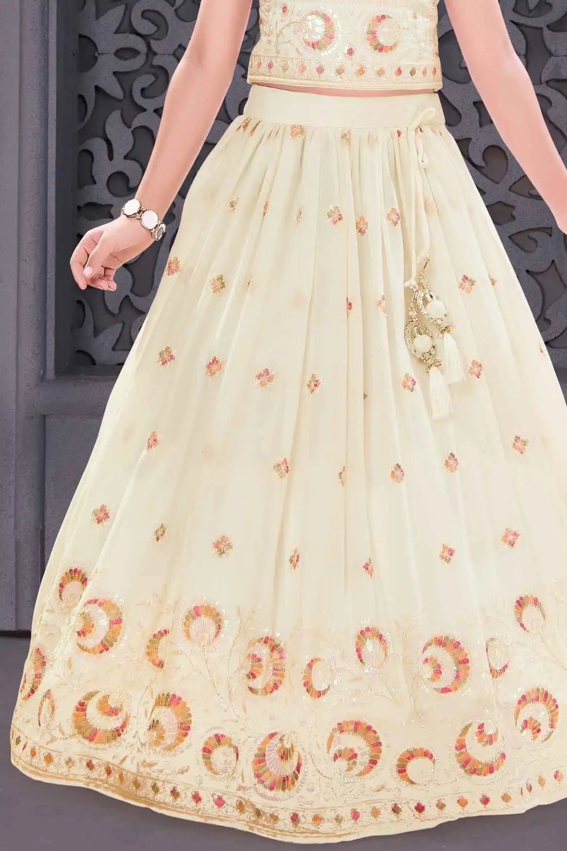 Cream Embroidered Lehenga Choli Set With Sequins Work And Dupatta For Girls