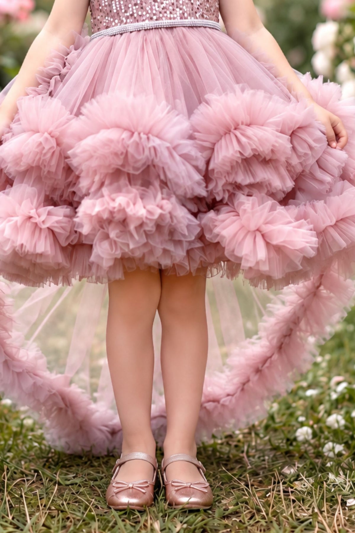Girls Onion Pink Sequin Layered Ruffle Tailback Party Wear Frock