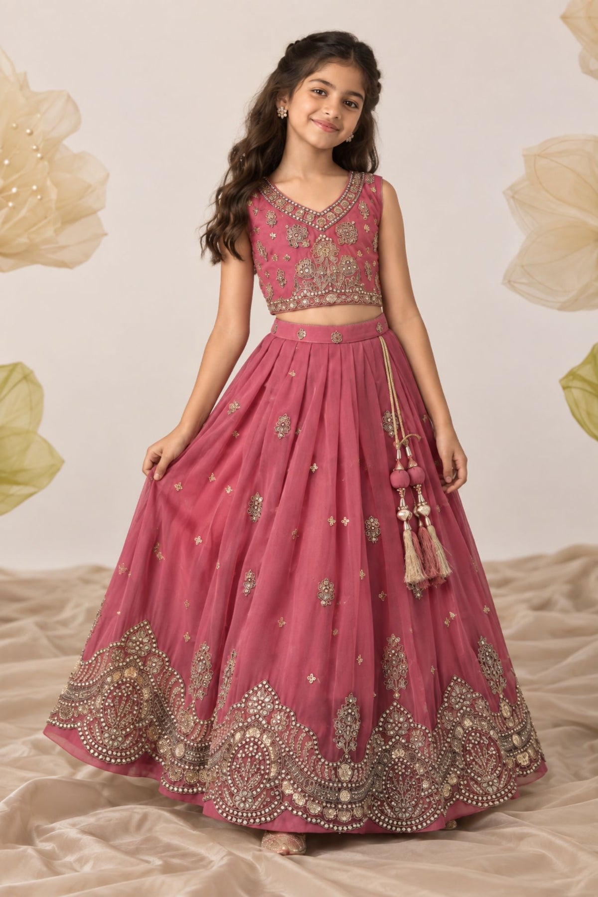 Girls Pink Sleeveless Embroidered Lehenga Choli Set
