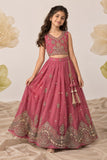 Girls Pink Sleeveless Embroidered Lehenga Choli Set