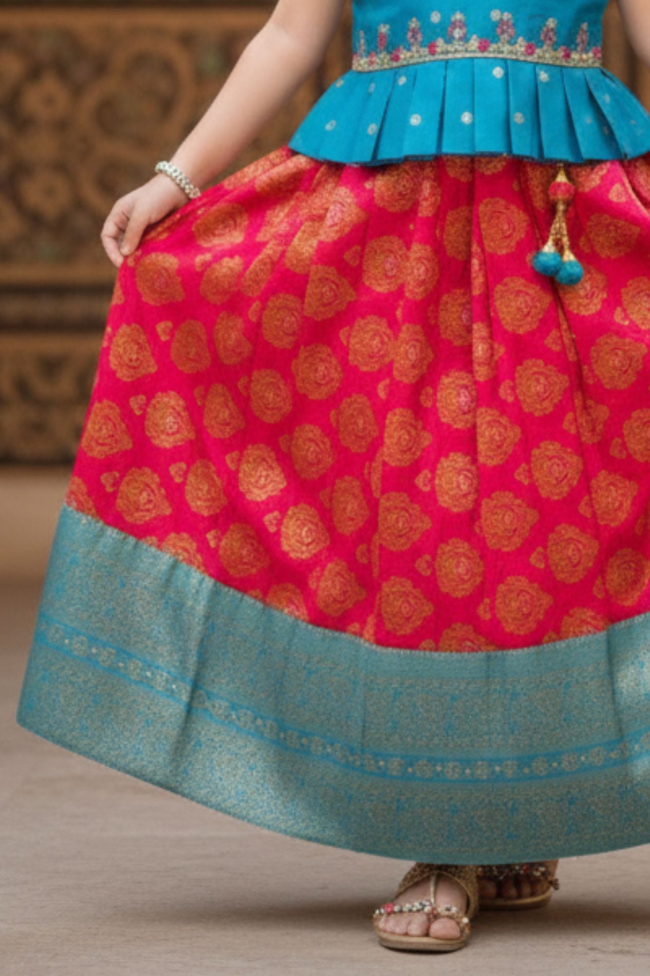 Blue And Rani Pink Embroidered Peplum Pattu Pavadai Set with Zari Work For Girls