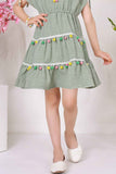 Green Pom-Pom Cotton Frock with Embroidered Yoke For Girls