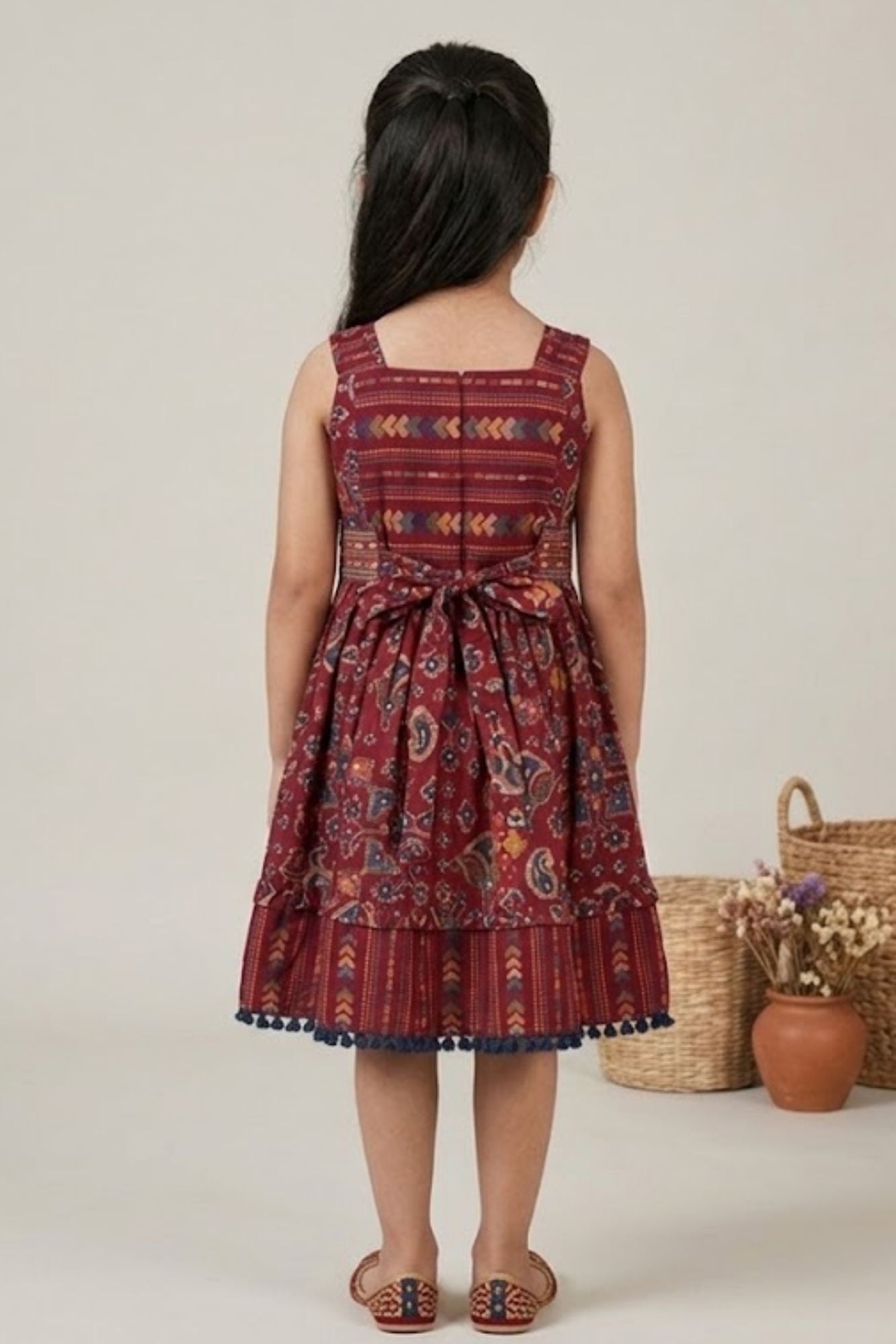 Girls Maroon Ethnic Printed Dress With Tiered Hem