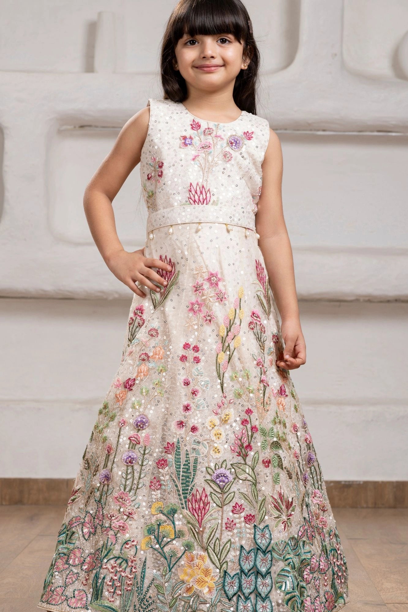 Cream Floral Embroidered Gown For Girls