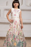 Cream Floral Embroidered Gown For Girls