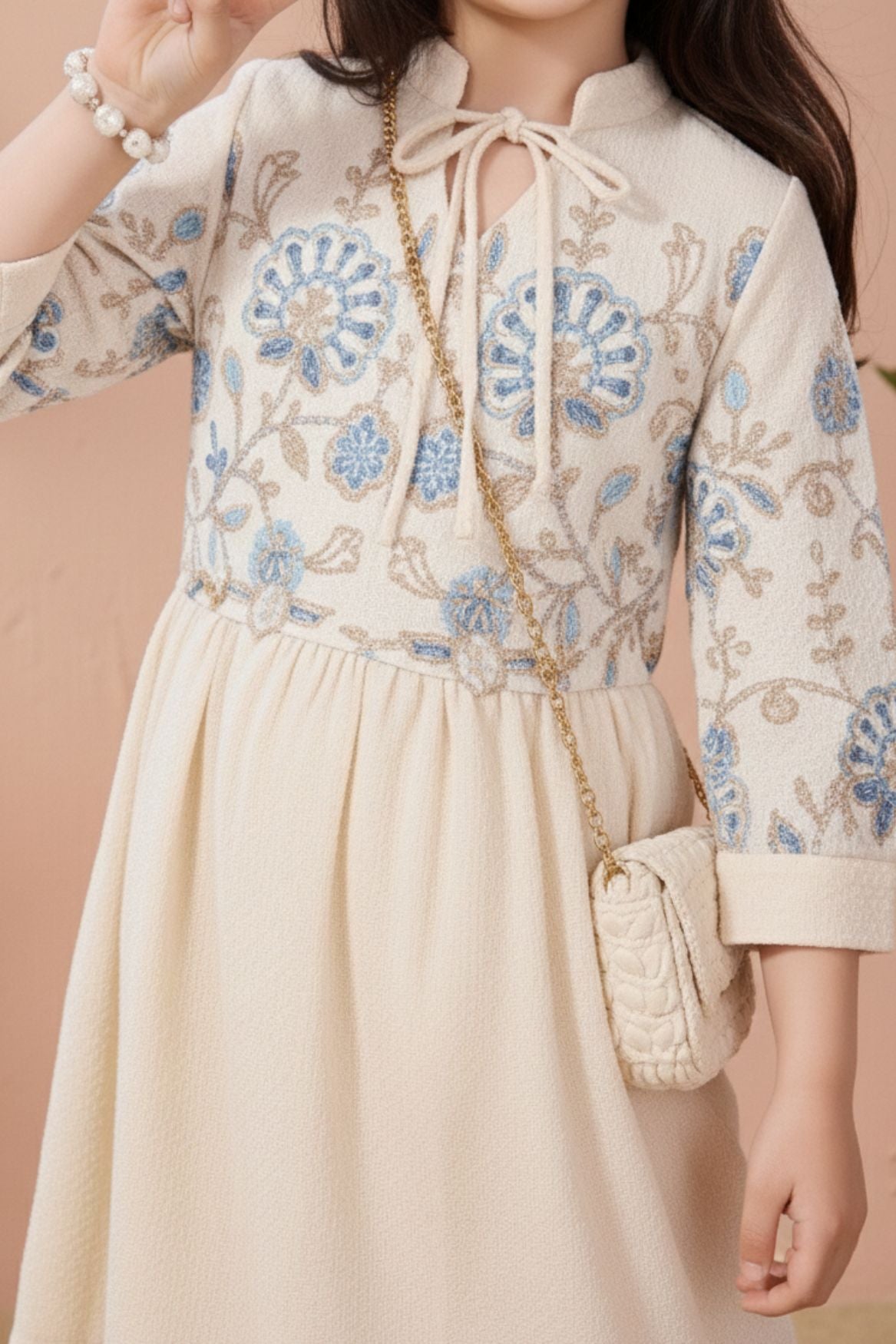 Beige Floral Embroidered Midi Dress with Sling Bag For Girls