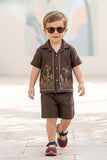 Boys Brown Embroidered Shirt And Shorts Set