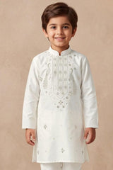 Boys Elegant White Peacock Embroidered Kurta Set