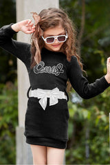 Black Full Sleeves Dress With Bow Embellishment And Sequin Work For Girls