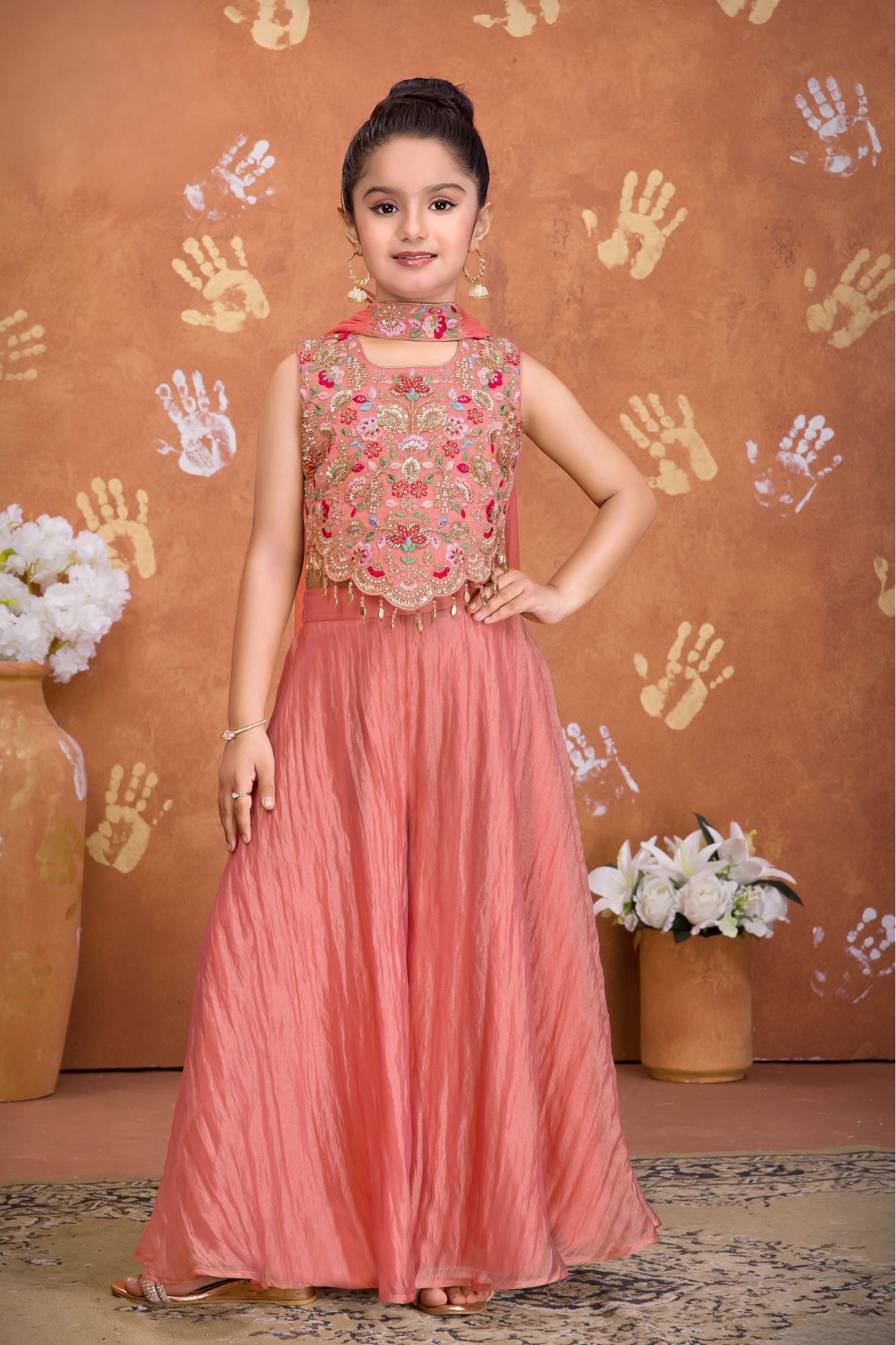 Girls Peach Embroidered Palazzo Set With Dupatta