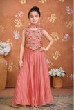 Girls Peach Embroidered Palazzo Set With Dupatta