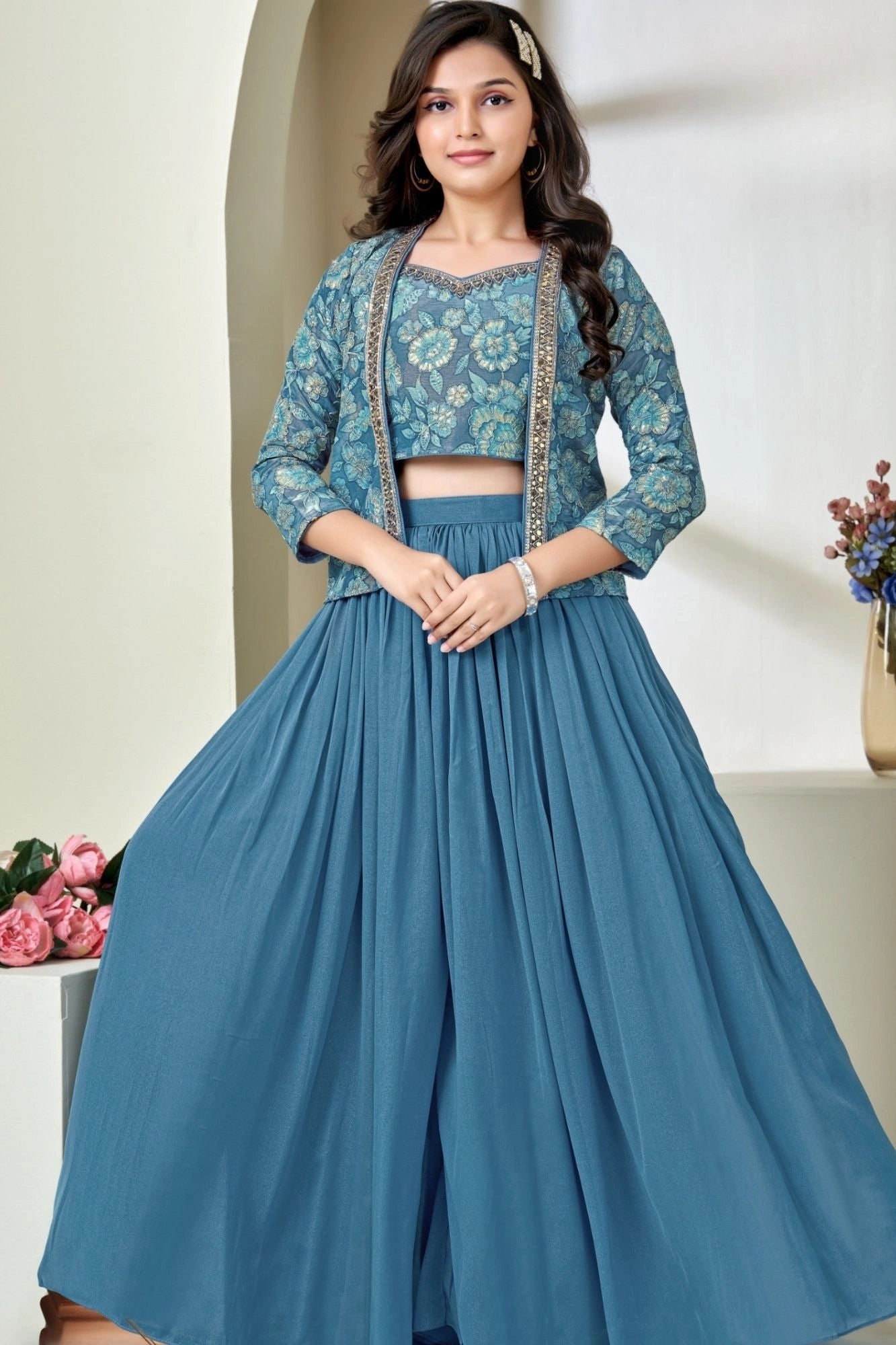 Teal Blue Embroidered Palazzo set with Jacket Set for Girls