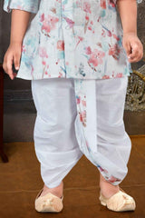 White Full Sleeves And Floral Printed Kurta With Dhoti Set For Boys