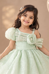 Pista Green One-Shoulder Party Frock with 3D Floral Bow For Girls