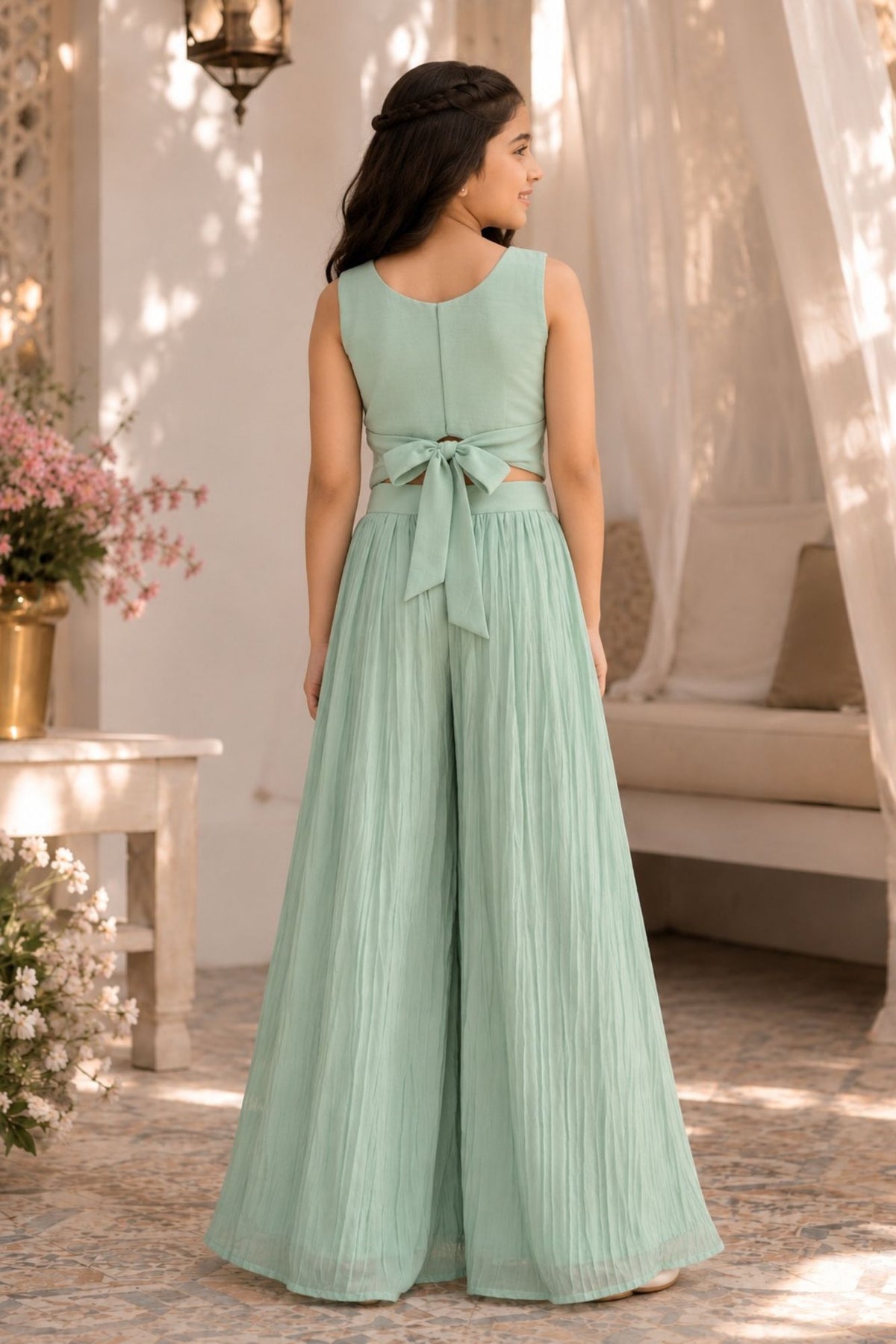 Girls Sea Green Embroidered Crop Top With Pleated Palazzo Set